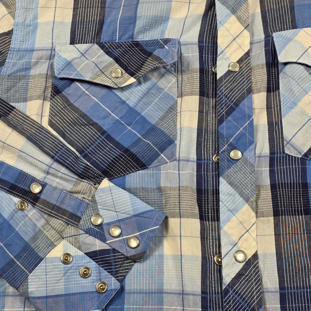 Gioberti‎ Western Snap Shirt Mens Large Blue Plaid Excellent Pearl Snap Pockets